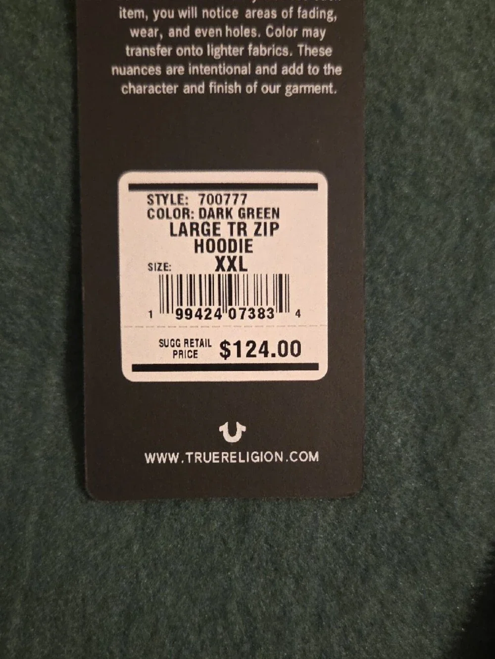 True Religion Dark Green Zip-Up Hoodie with TR Patch